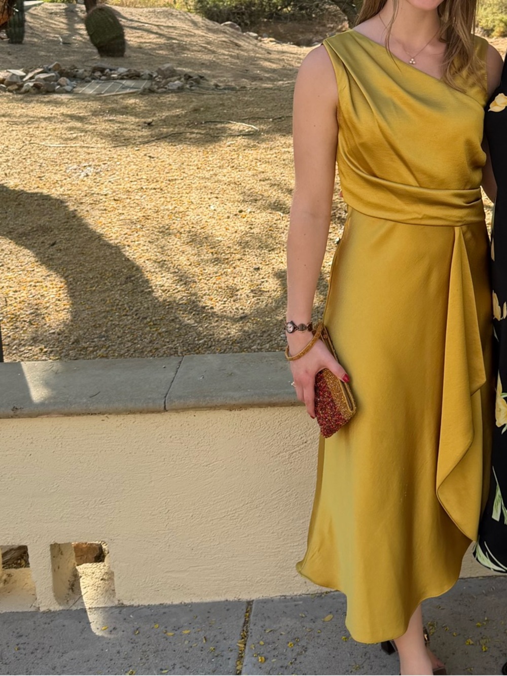 Sleeveless Satin Draped Cocktail Dress in Gold